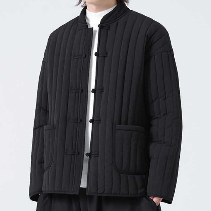 Buddha Stones Fall Winter Tang Style Minimalist Quilted Design Frog Button Solid Men's Jacket With Pockets - Black - US/UK/AU46，EU56 (5XL) - image 0