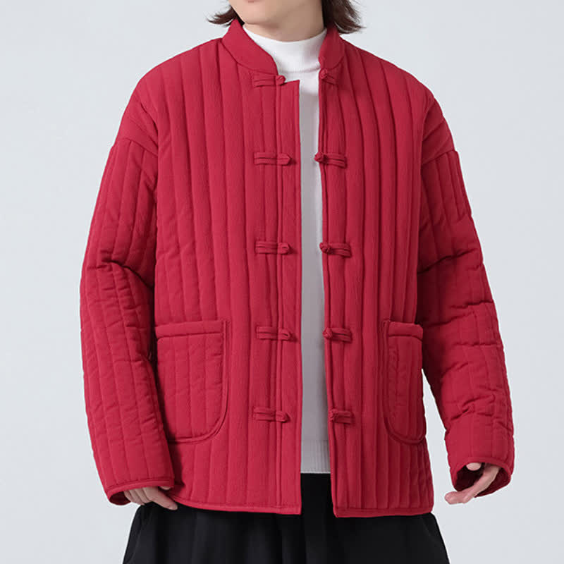 Buddha Stones Fall Winter Tang Style Minimalist Quilted Design Frog Button Solid Men's Jacket With Pockets - image 17