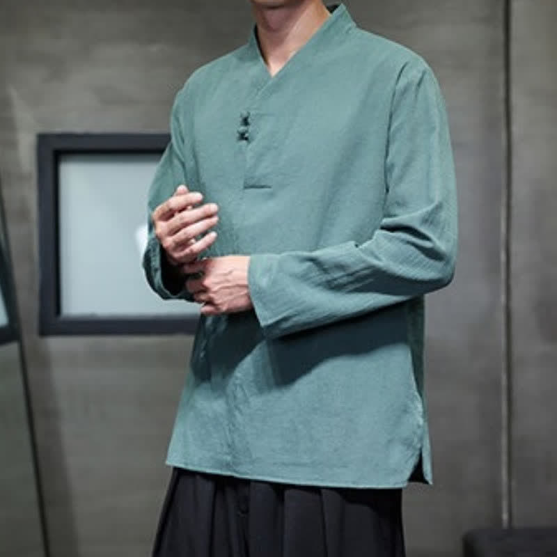 Buddha Stones Spring Summer Tang Style Casual Frog Button Solid Cotton Men's Long Sleeve Shirts - image 2