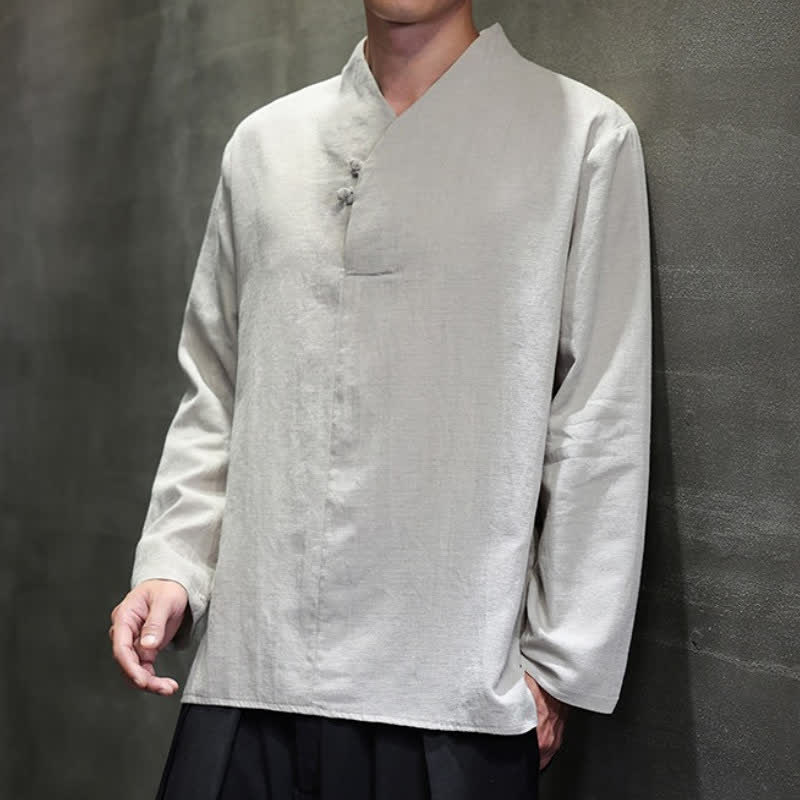 Buddha Stones Spring Summer Tang Style Casual Frog Button Solid Cotton Men's Long Sleeve Shirts - image 15