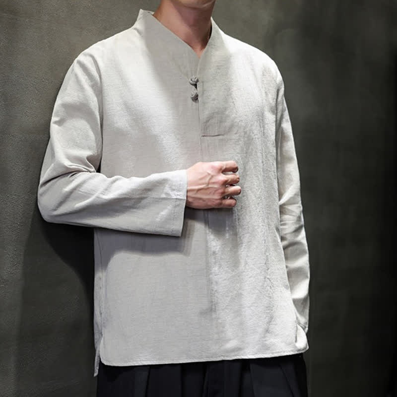 Buddha Stones Spring Summer Tang Style Casual Frog Button Solid Cotton Men's Long Sleeve Shirts - image 10