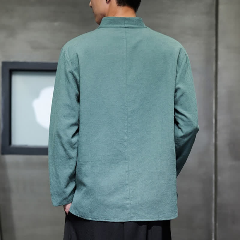 Buddha Stones Spring Summer Tang Style Casual Frog Button Solid Cotton Men's Long Sleeve Shirts - image 4