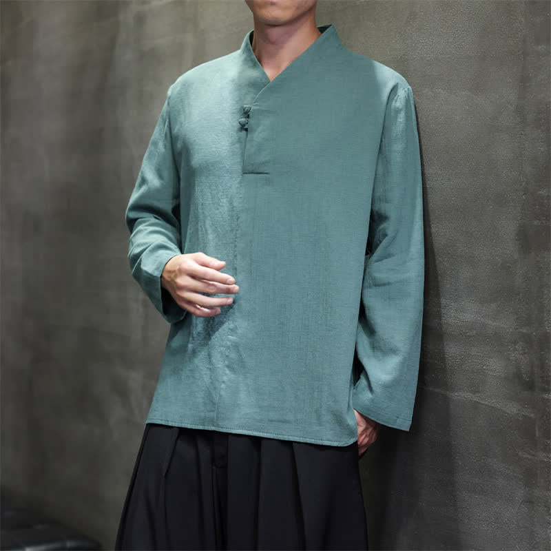 Buddha Stones Spring Summer Tang Style Casual Frog Button Solid Cotton Men's Long Sleeve Shirts - image 7