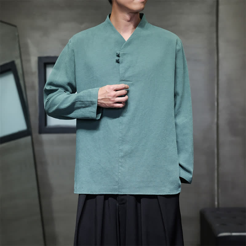 Buddha Stones Spring Summer Tang Style Casual Frog Button Solid Cotton Men's Long Sleeve Shirts - image 8