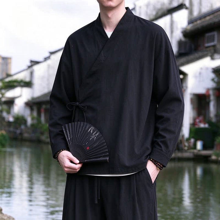 Buddha Stones Spring Fall Tang Style Meditation Drawstring Solid Cotton Linen Men's Kimono - Black - US/UK/AU46，EU56 (5XL) - image 8