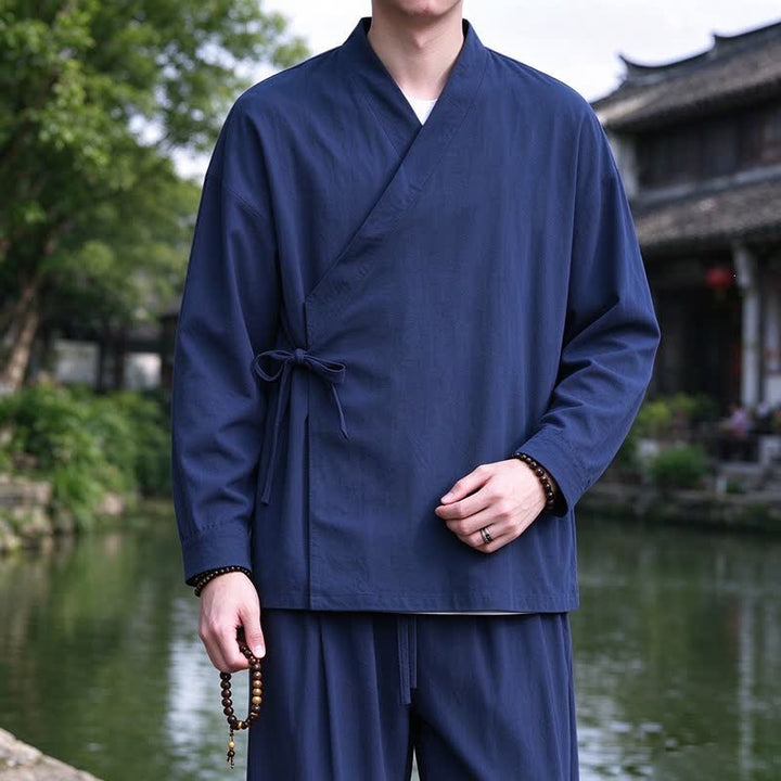 Buddha Stones Spring Fall Tang Style Meditation Drawstring Solid Cotton Linen Men's Kimono - image 3