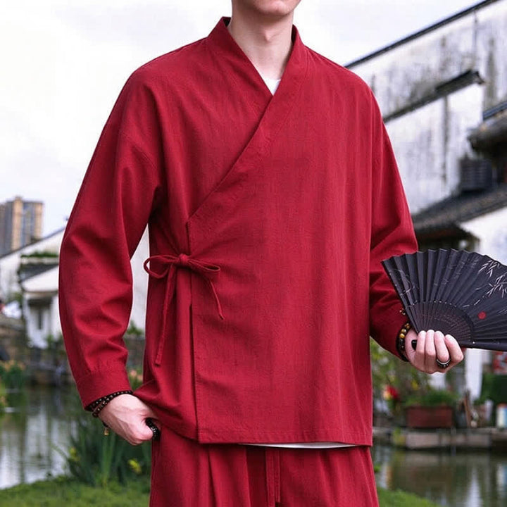 Buddha Stones Spring Fall Tang Style Meditation Drawstring Solid Cotton Linen Men's Kimono - image 16