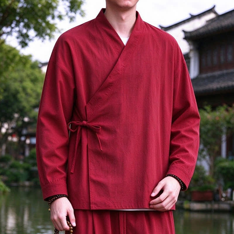 Buddha Stones Spring Fall Tang Style Meditation Drawstring Solid Cotton Linen Men's Kimono - image 17
