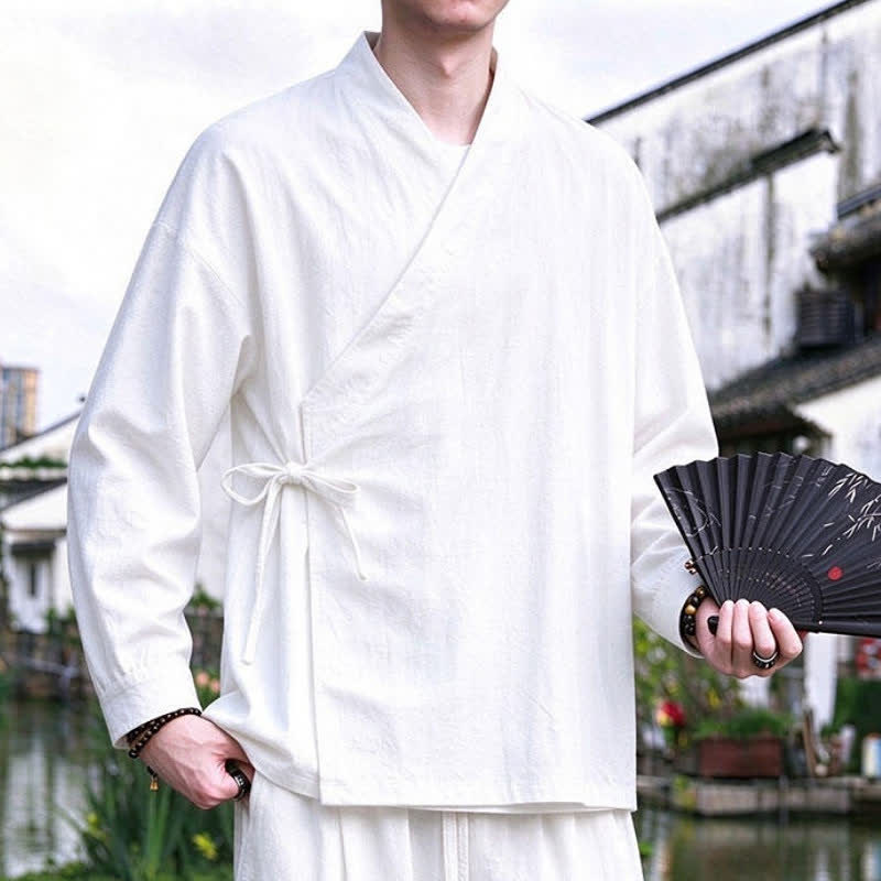 Buddha Stones Spring Fall Tang Style Meditation Drawstring Solid Cotton Linen Men's Kimono - image 20