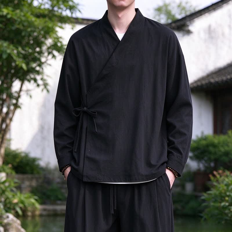 Buddha Stones Spring Fall Tang Style Meditation Drawstring Solid Cotton Linen Men's Kimono - image 9