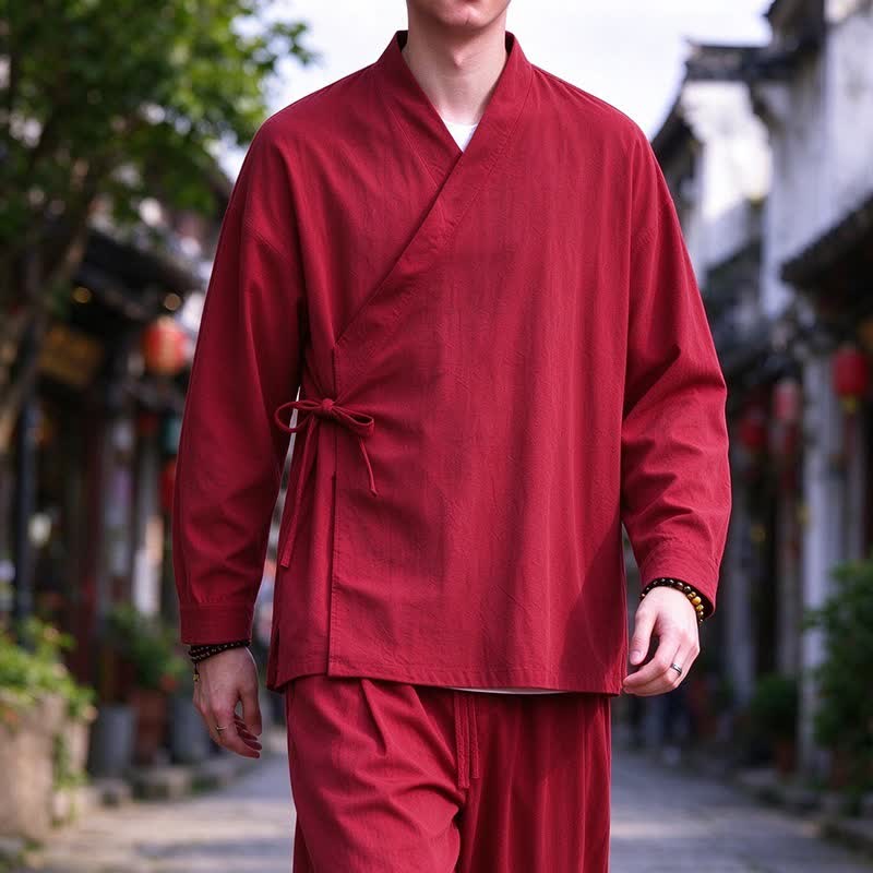 Buddha Stones Spring Fall Tang Style Meditation Drawstring Solid Cotton Linen Men's Kimono - image 15