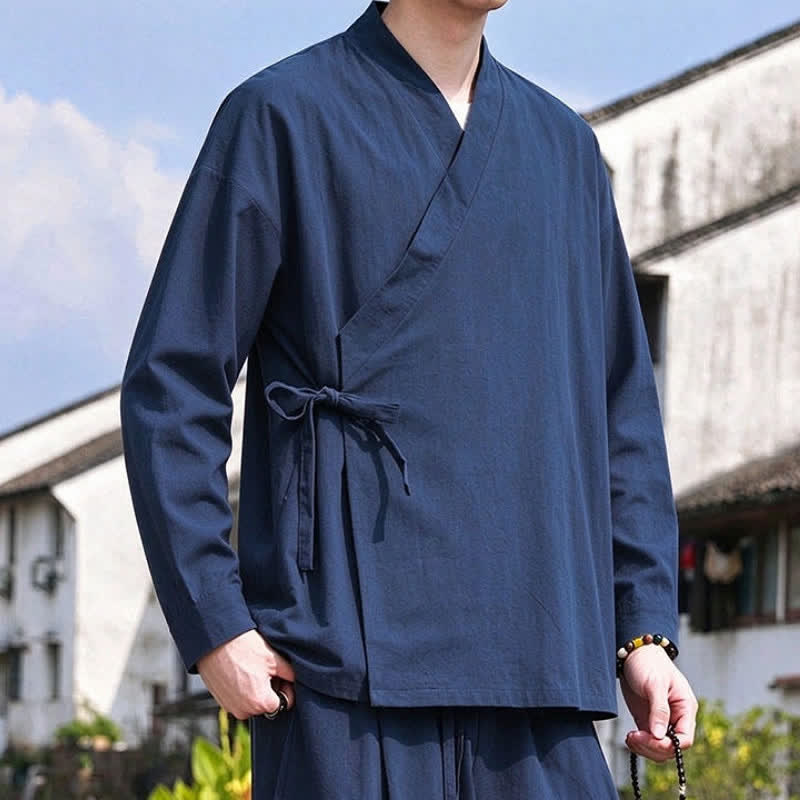 Buddha Stones Spring Fall Tang Style Meditation Drawstring Solid Cotton Linen Men's Kimono - image 1