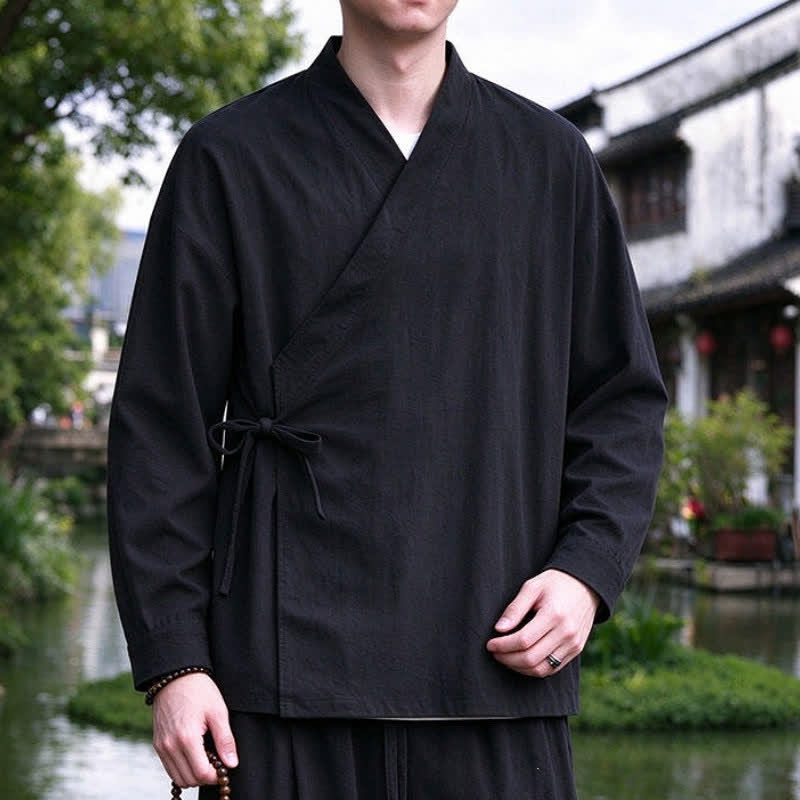 Buddha Stones Spring Fall Tang Style Meditation Drawstring Solid Cotton Linen Men's Kimono - image 10