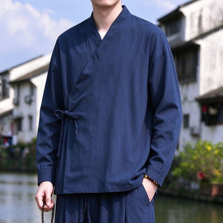 Buddha Stones Spring Fall Tang Style Meditation Drawstring Solid Cotton Linen Men's Kimono - image 2