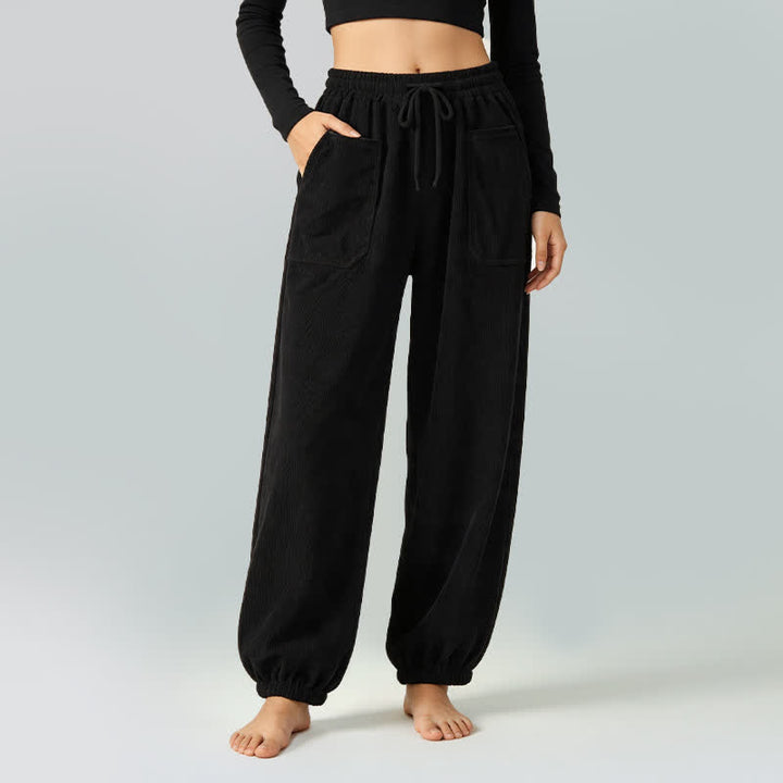 Buddha Stones Fall Winter Casual Drawstring Solid Long Pants Elastic Waist Corduroy Women's Tapered Pants With Pockets - Black - US12, UK/AU16, EU44 (2XL) - image 6