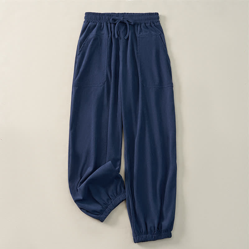 Buddha Stones Fall Winter Casual Drawstring Solid Long Pants Elastic Waist Corduroy Women's Tapered Pants With Pockets - image 2