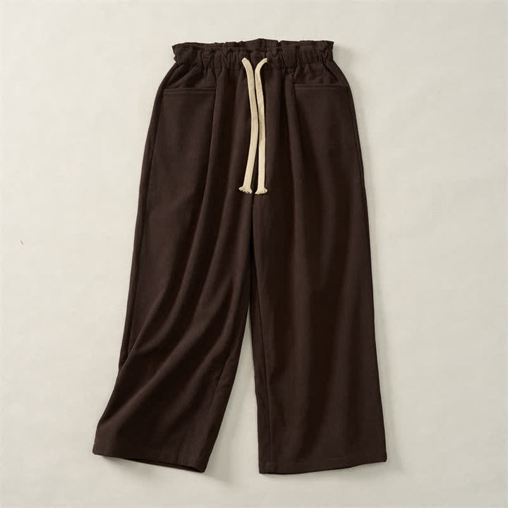 Buddha Stones Fall Winter Casual Minimalist Drawstring Solid Cropped Pants Corduroy Women's Straight Leg Pants With Pockets - image 2