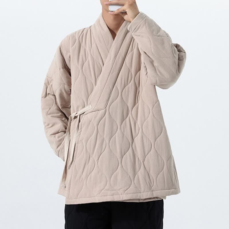Buddha Stones Fall Winter Casual Tang Style Drawstring Quilted Solid Cotton Men's Kimono With Pockets - image 28