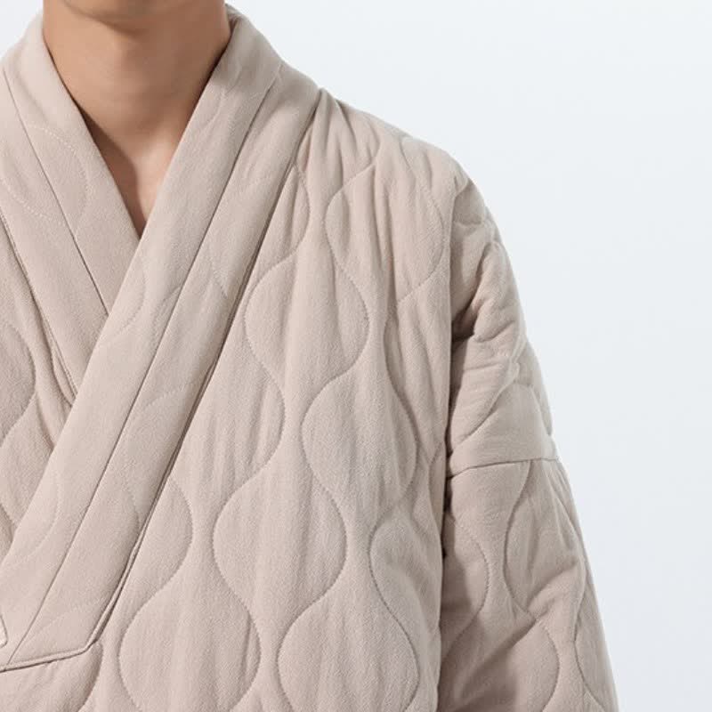 Buddha Stones Fall Winter Casual Tang Style Drawstring Quilted Solid Cotton Men's Kimono With Pockets - image 37