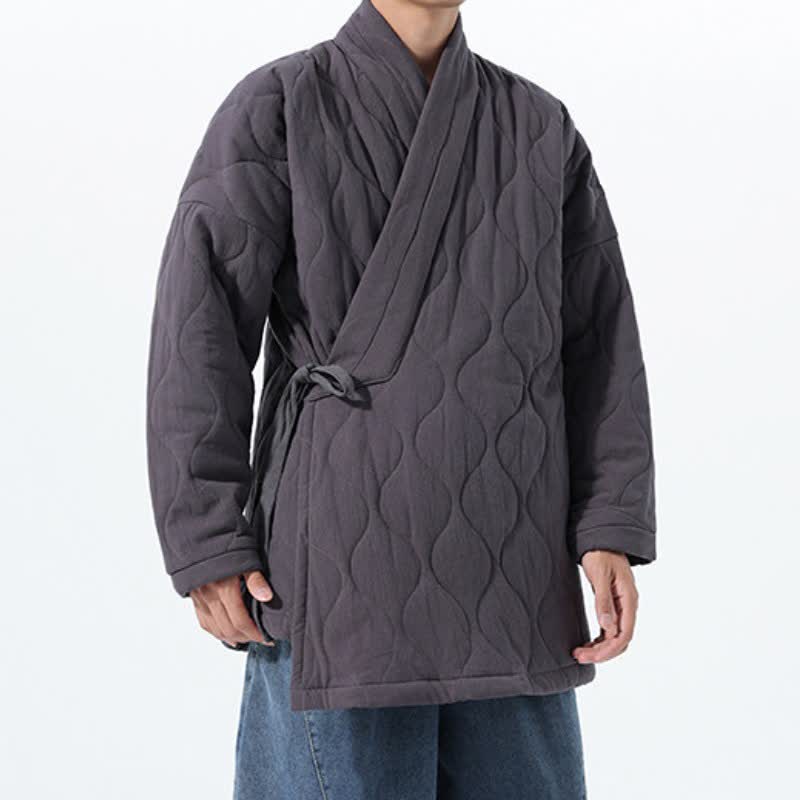Buddha Stones Fall Winter Casual Tang Style Drawstring Quilted Solid Cotton Men's Kimono With Pockets - image 15