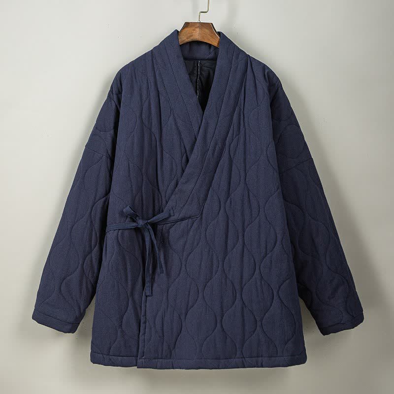 Buddha Stones Fall Winter Casual Tang Style Drawstring Quilted Solid Cotton Men's Kimono With Pockets - image 8