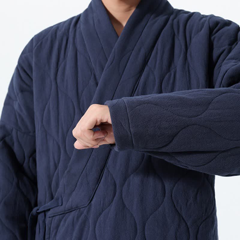 Buddha Stones Fall Winter Casual Tang Style Drawstring Quilted Solid Cotton Men's Kimono With Pockets - image 13