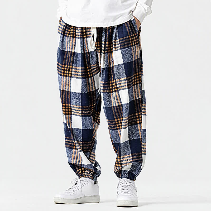 Buddha Stones Fall Winter Casual Drawstring Plaid Ankle Pants Men's Harem Pants With Pockets - image 3