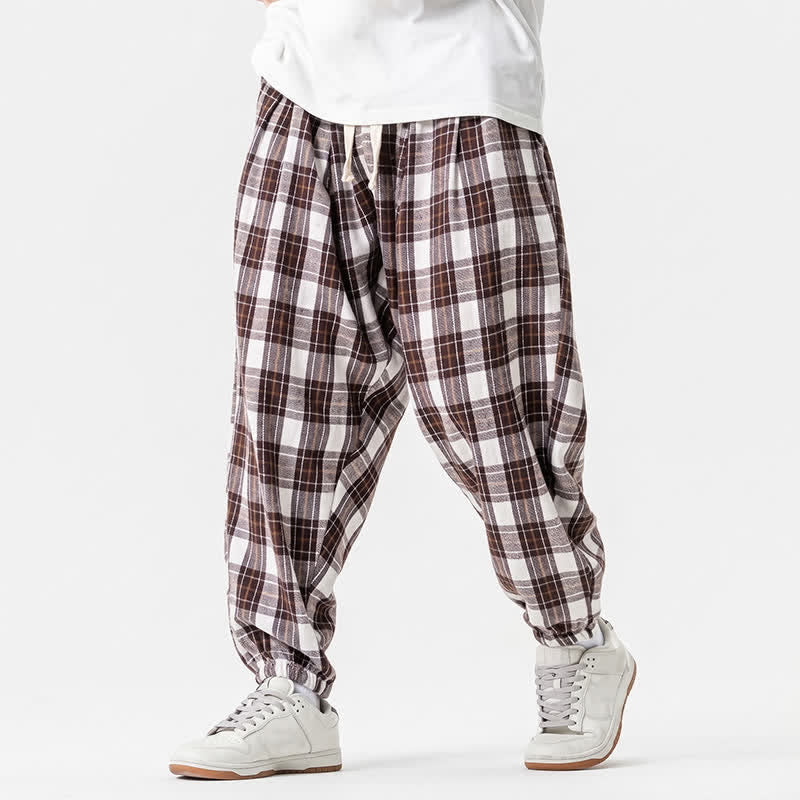 Buddha Stones Fall Winter Casual Drawstring Plaid Ankle Pants Men's Harem Pants With Pockets - image 14