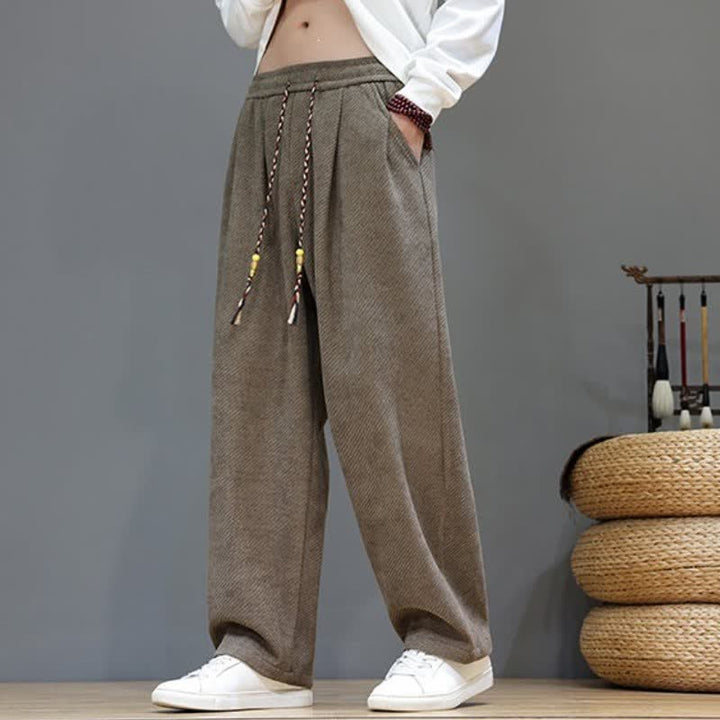 Buddha Stones Fall Winter Casual Vintage Drawstring Solid Long Pants Men's Straight Leg Pants With Pockets - image 3