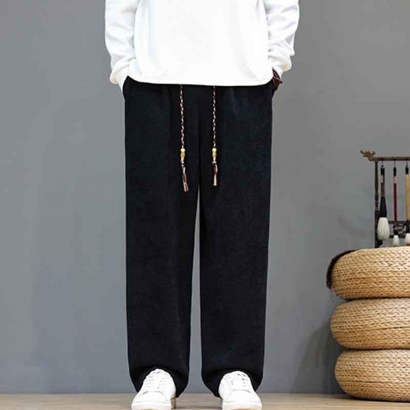Buddha Stones Fall Winter Casual Vintage Drawstring Solid Long Pants Men's Straight Leg Pants With Pockets - image 16