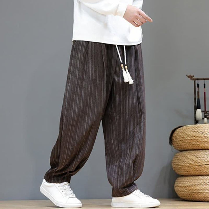 Buddha Stones Fall Casual Drawstring Striped Long Pants Men's Straight Leg Pants With Pockets - image 1