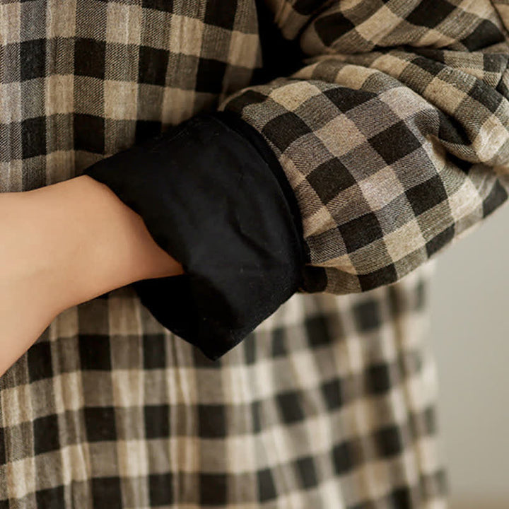 Buddha Stones Fall Winter Casual Vintage Tang Style Tan Plaid Women's Jacket With Pockets - image 9