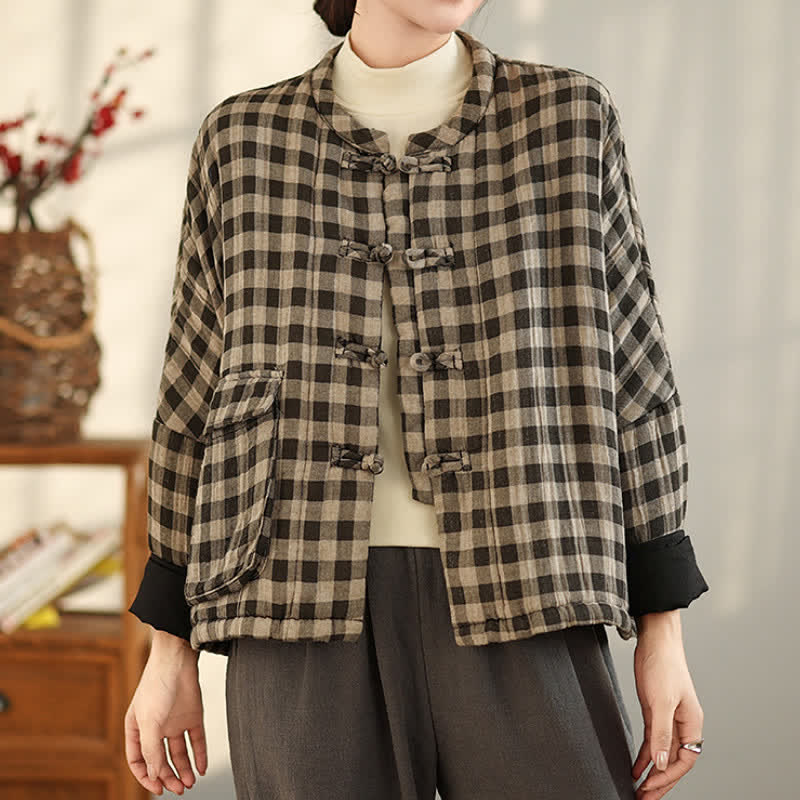 Buddha Stones Fall Winter Casual Vintage Tang Style Tan Plaid Women's Jacket With Pockets - image 2