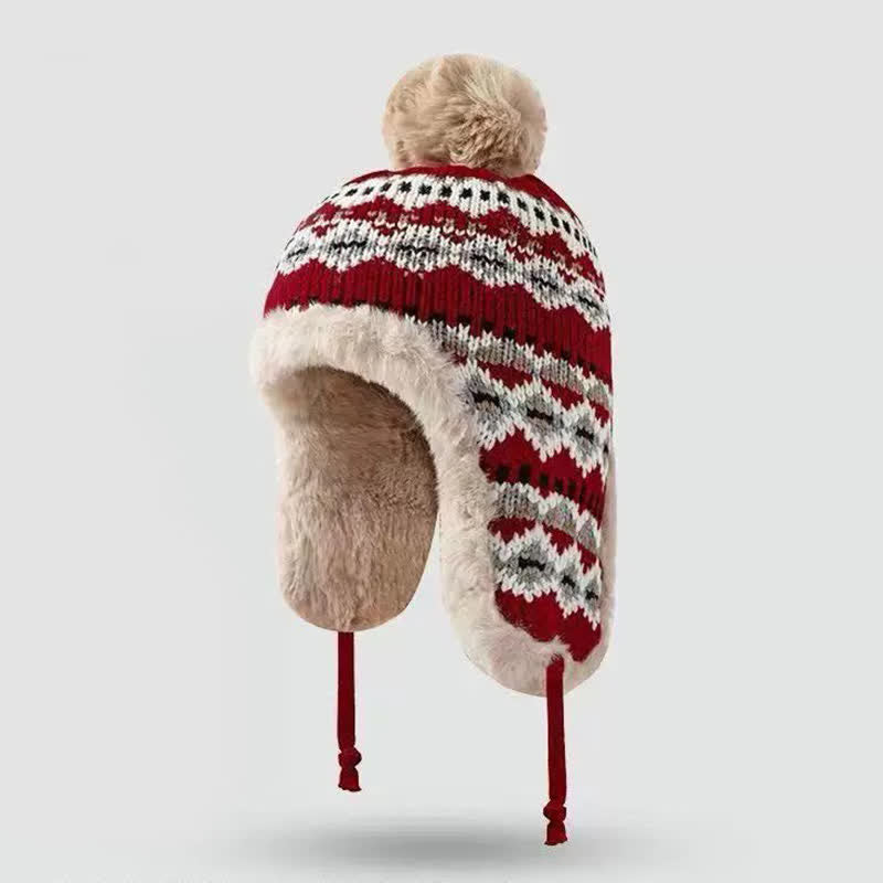 Buddha Stones Winter Geometric Pom Pom Fleece Lined Earflap Women's Hat - Maroon - One Size(54-60 cm) - image 0