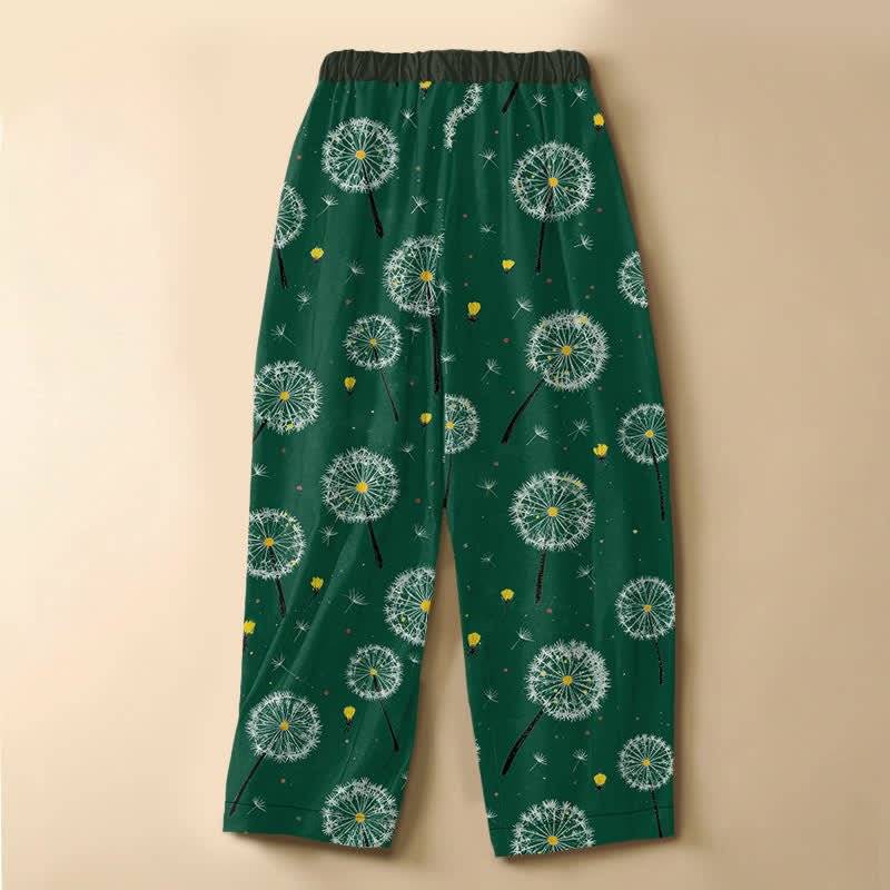 Buddha Stones Pure Cotton Dandelion Bloom Pattern Frog Button Women's Elastic Waist Harem Pants With Pockets - image 1