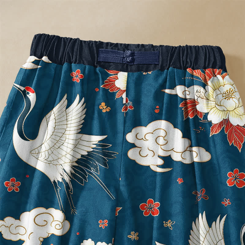 Buddha Stones Pure Cotton Classic Crane Peony Pattern Frog Button Women's Elastic Waist Harem Pants With Pockets - image 2