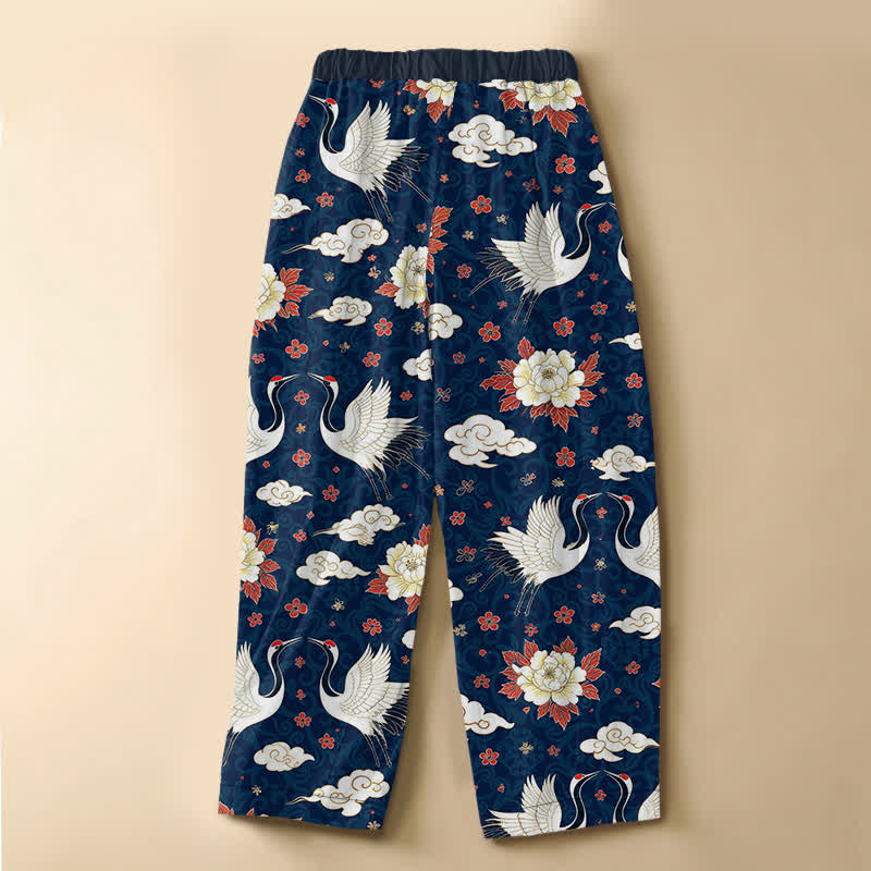 Buddha Stones Pure Cotton Classic Crane Peony Pattern Frog Button Women's Elastic Waist Harem Pants With Pockets - image 6