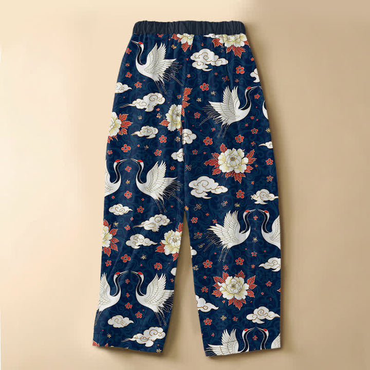 Buddha Stones Pure Cotton Classic Crane Peony Pattern Frog Button Women's Elastic Waist Harem Pants With Pockets - image 6