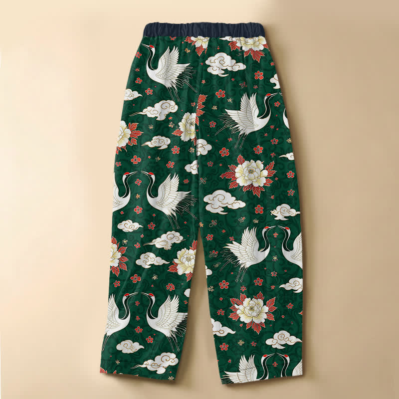 Buddha Stones Pure Cotton Classic Crane Peony Pattern Frog Button Women's Elastic Waist Harem Pants With Pockets - image 8