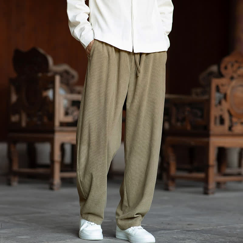 Buddha Stones Fall Casual Minimalist Drawstring Solid Ankle Pants Corduroy Men's Straight Leg Pants With Pockets - image 1