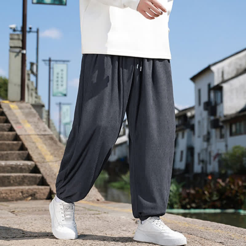 Buddha Stones Winter Basic Classic Drawstring Solid Cropped Pants Corduroy Men's Harem Pants With Pockets - Gray - US/UK/AU46, EU56 (5XL) - image 16