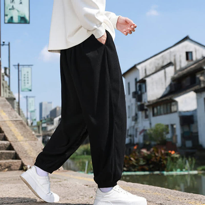 Buddha Stones Winter Basic Classic Drawstring Solid Cropped Pants Corduroy Men's Harem Pants With Pockets - image 9