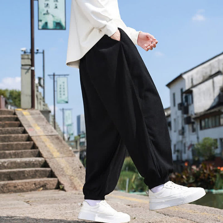 Buddha Stones Winter Basic Classic Drawstring Solid Cropped Pants Corduroy Men's Harem Pants With Pockets - image 15