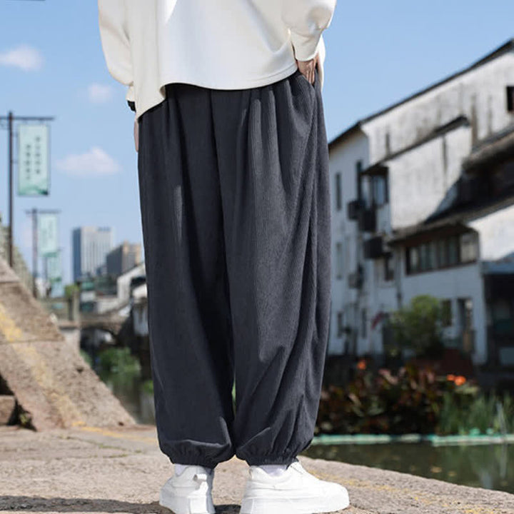 Buddha Stones Winter Basic Classic Drawstring Solid Cropped Pants Corduroy Men's Harem Pants With Pockets - image 19