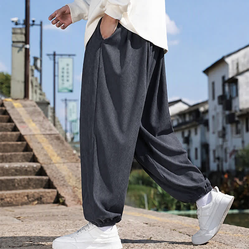 Buddha Stones Winter Basic Classic Drawstring Solid Cropped Pants Corduroy Men's Harem Pants With Pockets - image 22