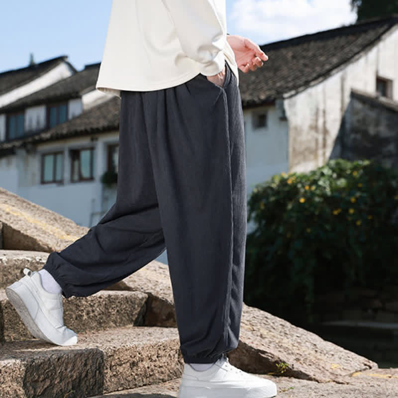 Buddha Stones Winter Basic Classic Drawstring Solid Cropped Pants Corduroy Men's Harem Pants With Pockets - image 21