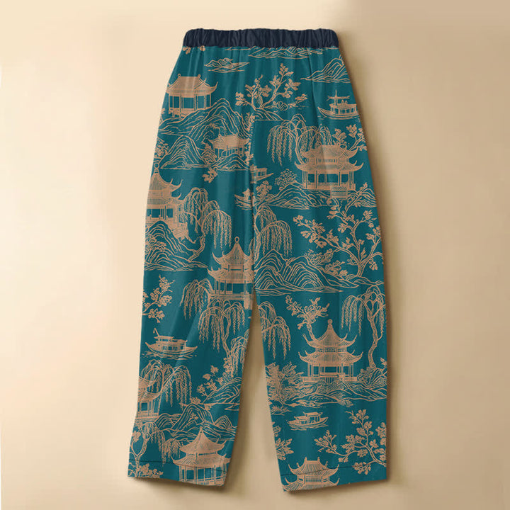 Buddha Stones Pure Cotton Vintage Landscape Pavilion Pattern Frog Button Women's Elastic Waist Harem Pants With Pockets - image 1