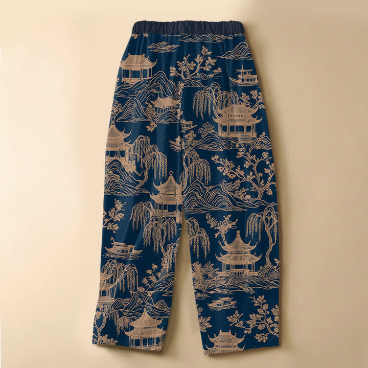 Buddha Stones Pure Cotton Vintage Landscape Pavilion Pattern Frog Button Women's Elastic Waist Harem Pants With Pockets - image 6