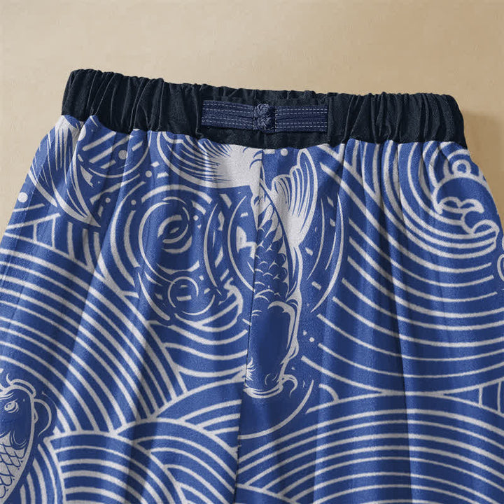 Buddha Stones Pure Cotton Ocean Wave Koi Fish Pattern Frog Button Women's Elastic Waist Harem Pants With Pockets - image 2