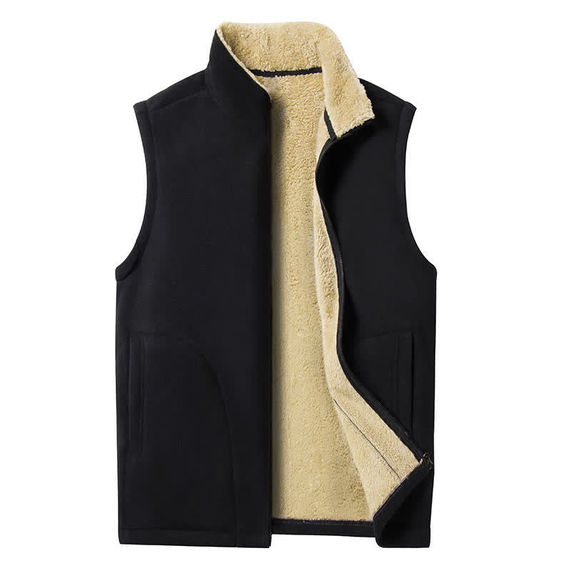 Buddha Stones Winter Casual Minimalist Fleece Lined Zipper Design Mandarin Collar Solid Cotton Tank Top Men's Vest With Pockets - Black - US/UK/AU46, EU56 (5XL) - image 16